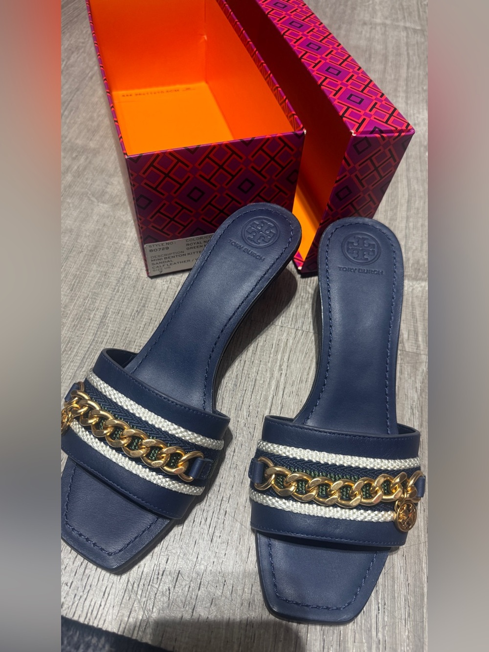 Tory Burch Navy Leather Chain-Trim Slide Mules